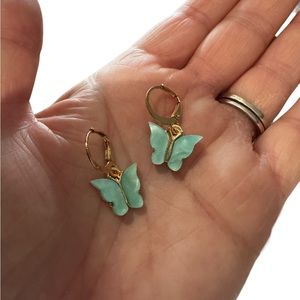 Gold and Light Turquoise Butterfly Drop Earrings